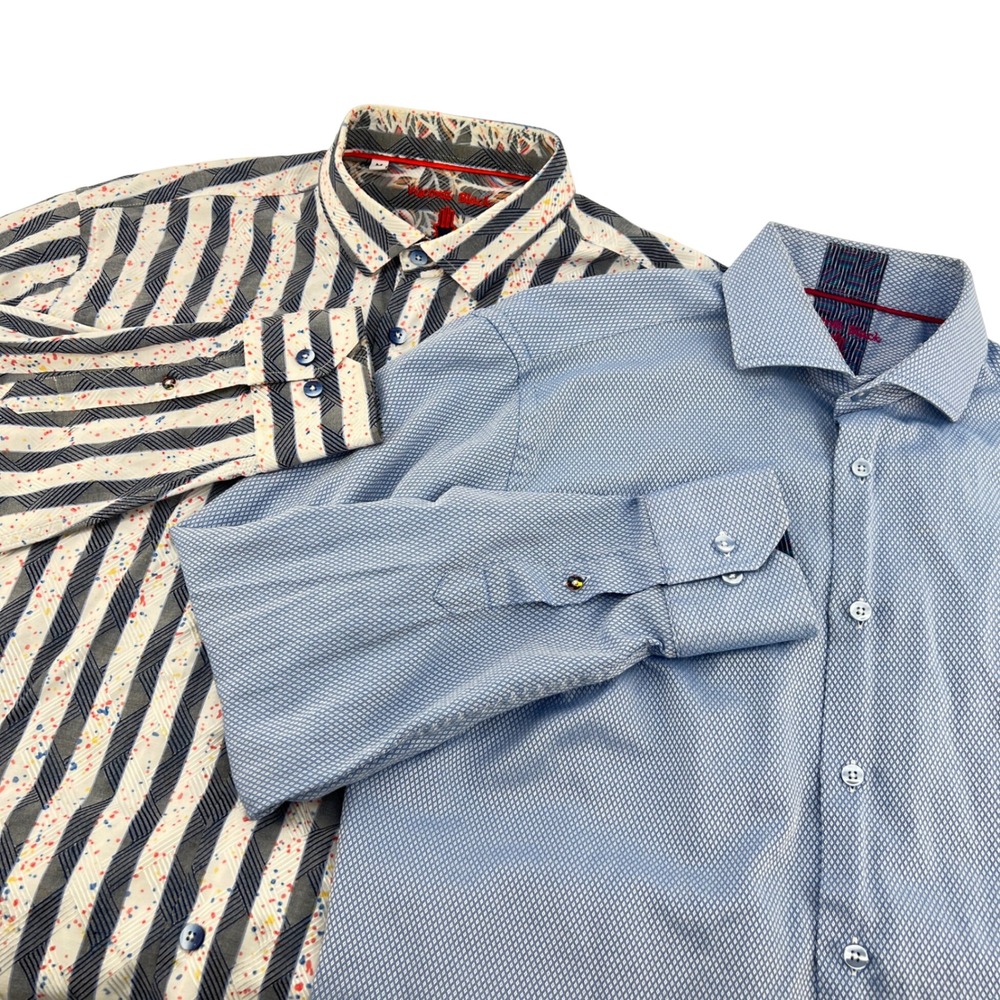 Lot of 2 Luchiano Visconti Black Mens Medium Blue Diamond & Striped Dress Shirts